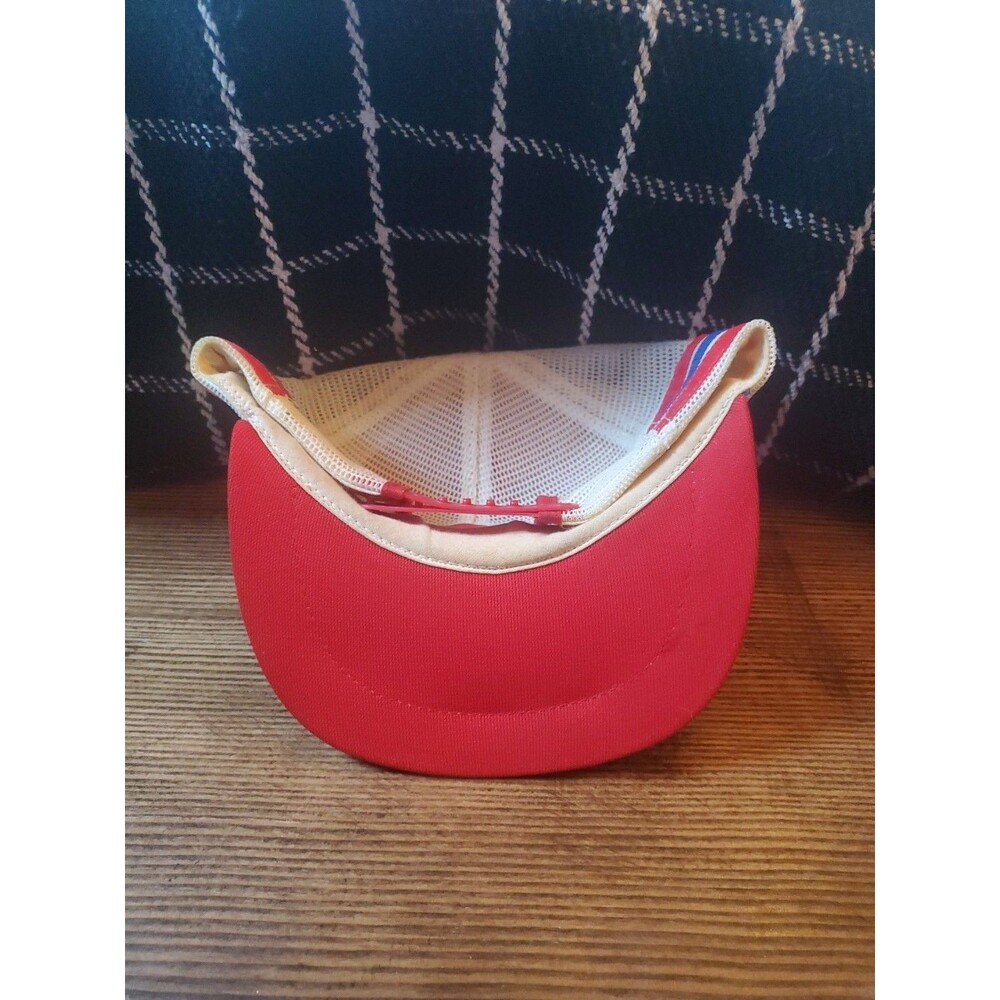 Vtg 3 Stripe Red White Blue Mesh Snapback Trucker Hat Made USA Bellefonte Bicen. - Picture 10 of 10